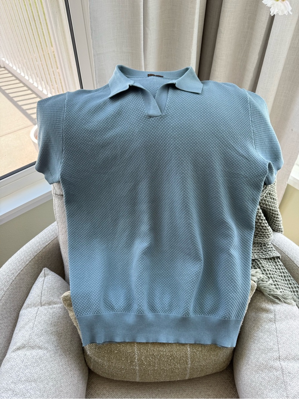 Light Blue Knit Polo Shirt - Men's Short Sleeve